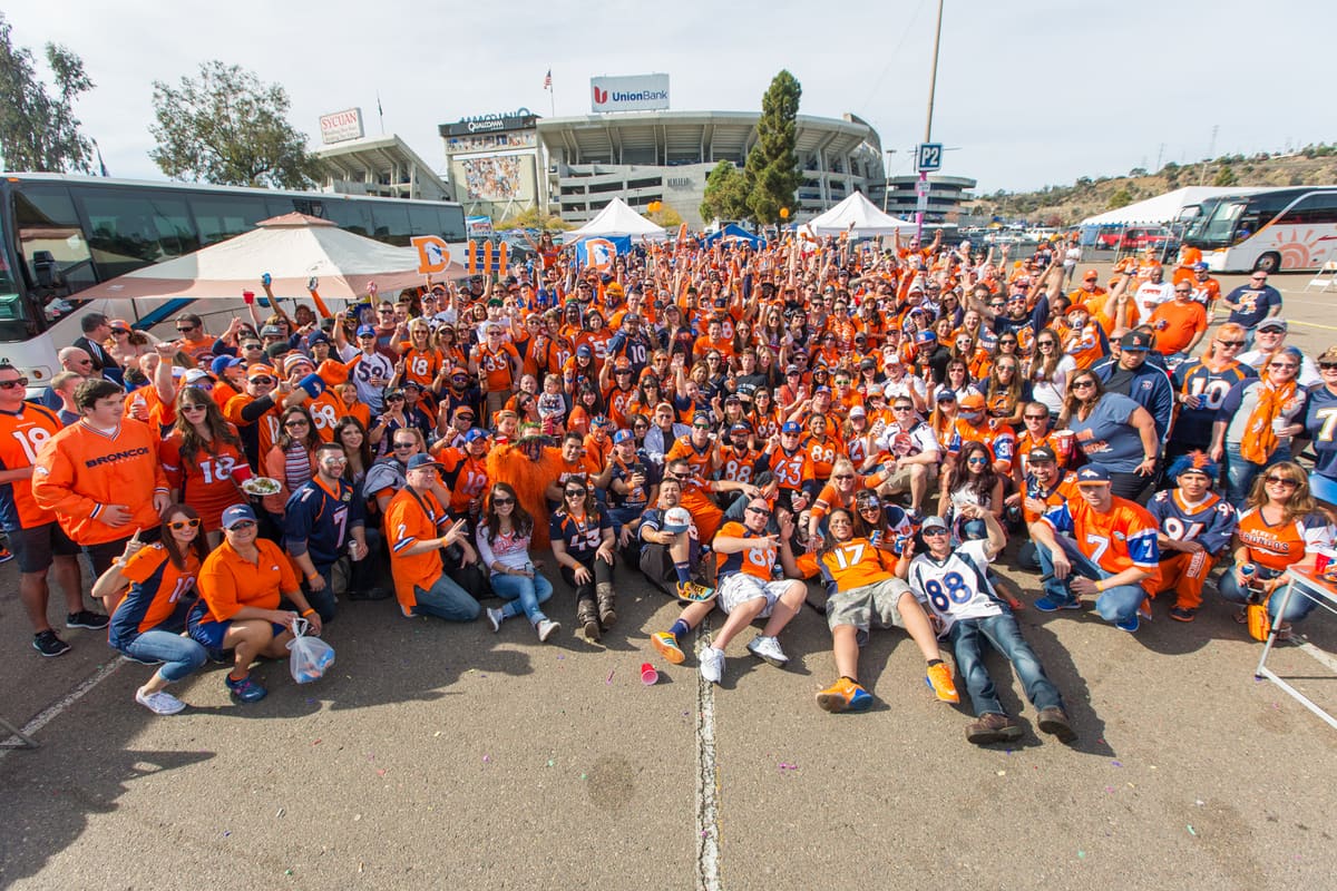 Hundreds of Denver Broncos fans in orange at the United in Orange tailgate outside Levi's Stadium